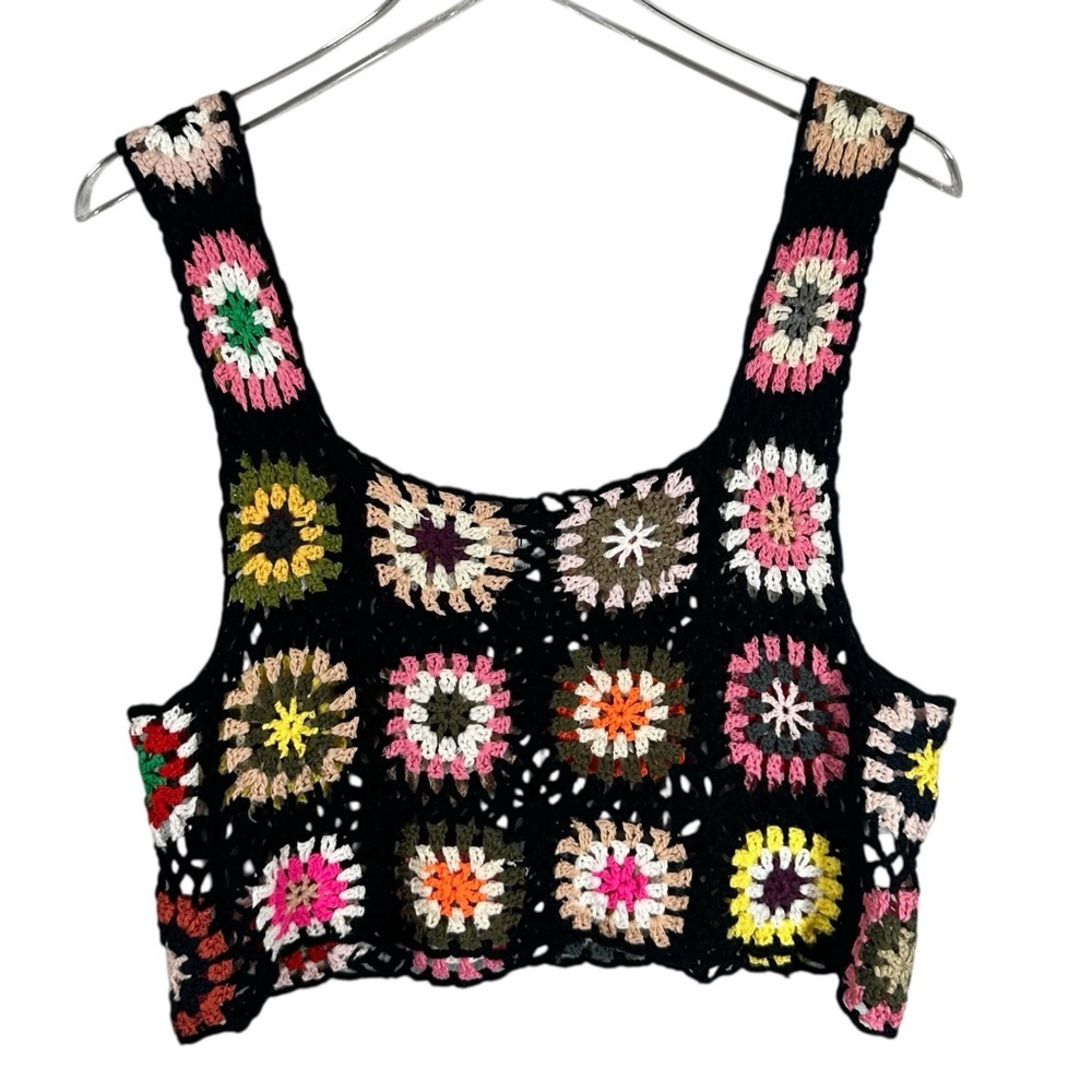 SEWN + SEEN Women's Bohemian Large Black Ganny Square Crochet Tank Top